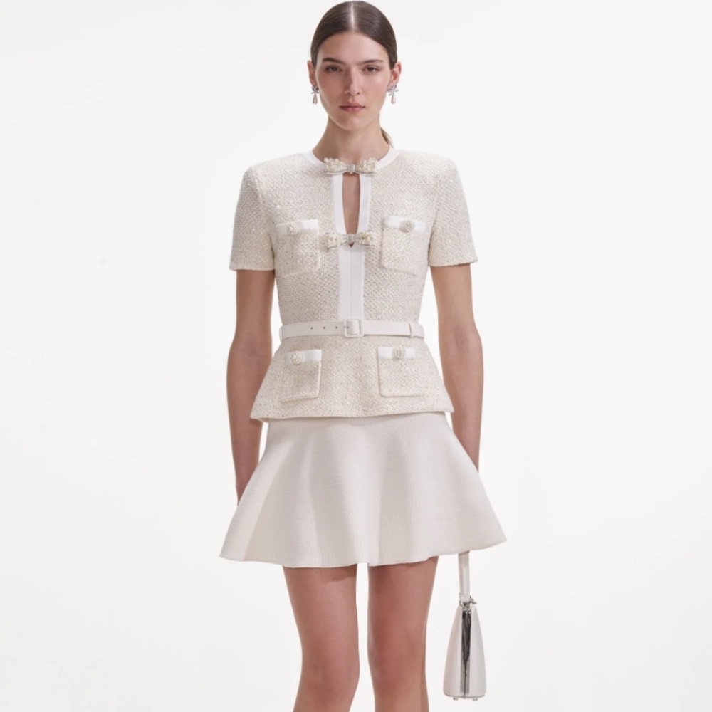 self-portrait Cream Sequin Knit Mini Dress - Size: Medium - MSRP $555 - NWT